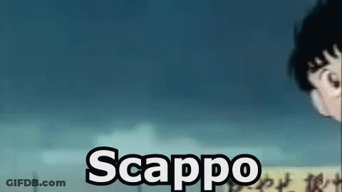 A Man Is Standing In Front Of A Blue Sky With The Word Scappo Written On The Bottom . GIF