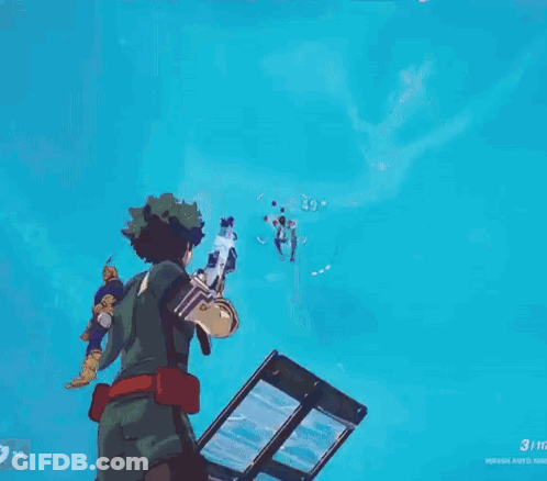 A Man Is Standing In Front Of A Box In A Video Game With A Rocket Coming Out Of It . GIF