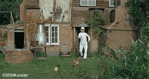 A Man Is Standing In Front Of A Brick House With A Chicken In Front Of Him GIF