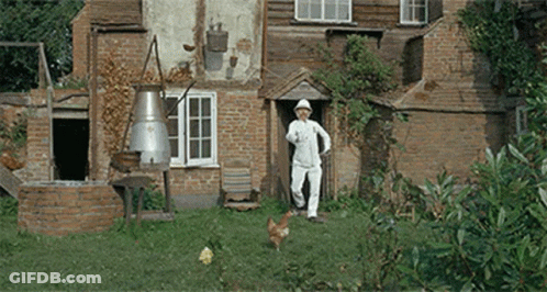 A Man Is Standing In Front Of A Brick House With A Chicken In Front Of Him GIF