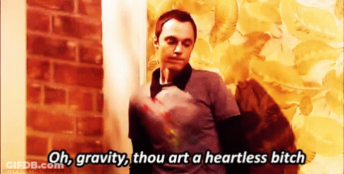A Man Is Standing In Front Of A Brick Wall And Saying " Oh Gravity Thou Art A Heartless Bitch " . GIF