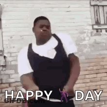 A Man Is Standing In Front Of A Brick Wall Holding A Dog Leash And A Knife . GIF