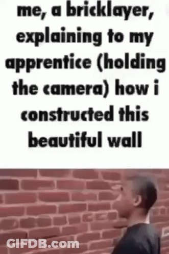 A Man Is Standing In Front Of A Brick Wall With A Bricklayer Explaining To His Apprentice Holding The Camera . GIF