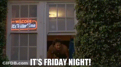 A Man Is Standing In Front Of A Building With A Neon Sign That Says `` It 'S Friday Night ! '' GIF