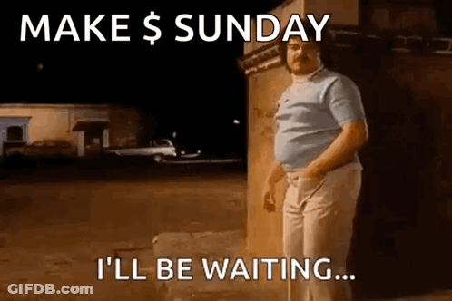 A Man Is Standing In Front Of A Building With The Words `` Make $ Sunday I 'Ll Be Waiting ... '' . GIF