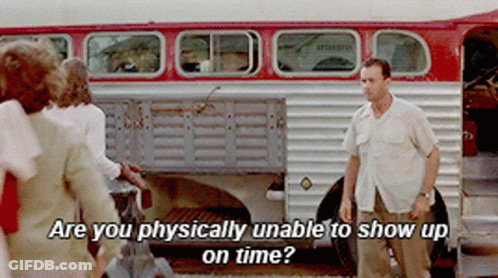 Man Standing In Front Of Bus Asking About Tardiness GIF