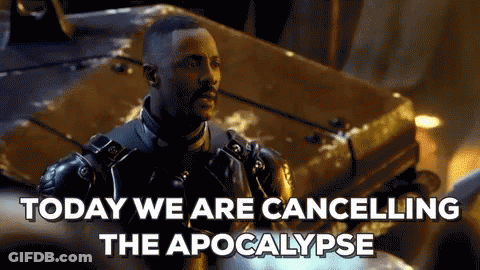 A Man Is Standing In Front Of A Car With The Words Today We Are Cancelling The Apocalypse GIF
