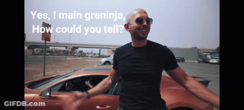 A Man Is Standing In Front Of A Car With The Words Yes I Main Greninja How Could You Tell GIF