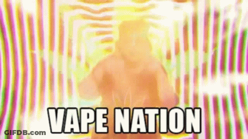 A Man Is Standing In Front Of A Colorful Background With The Words Vape Nation Written In White Letters . GIF