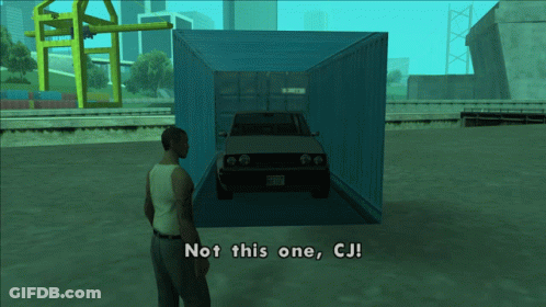 A Man Is Standing In Front Of A Container With The Words Not This One Cj On The Bottom GIF
