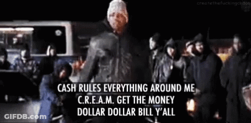 A Man Is Standing In Front Of A Crowd Of People And Says Cash Rules Everything Around Me . GIF