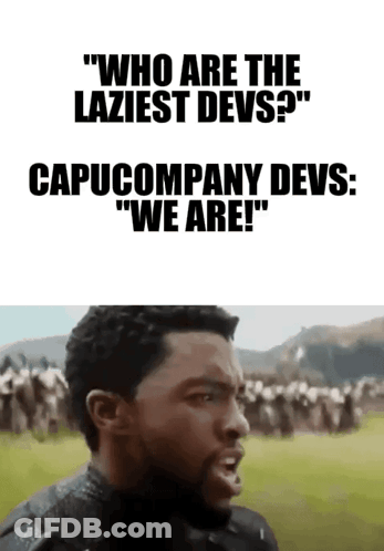 A Man Is Standing In Front Of A Crowd Of People And Says " Who Are The Laziest Devs ? " GIF