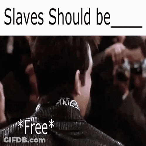A Man Is Standing In Front Of A Crowd With The Words `` Slaves Should Be Free '' On His Back . GIF