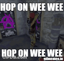 A Man Is Standing In Front Of A Door With The Words Hop On Wee Wee On It . GIF