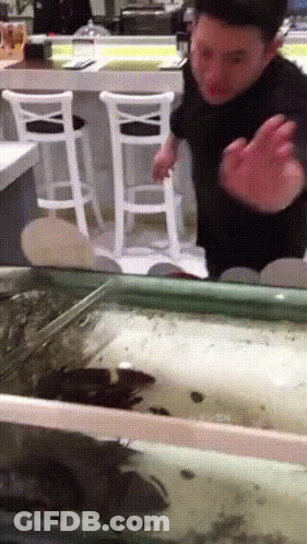 A Man Is Standing In Front Of A Fish Tank With A White Chair In The Background GIF