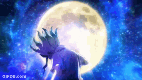 A Man Is Standing In Front Of A Full Moon In The Night Sky . GIF
