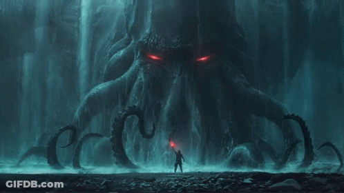 A Man Is Standing In Front Of A Giant Octopus With Red Eyes GIF