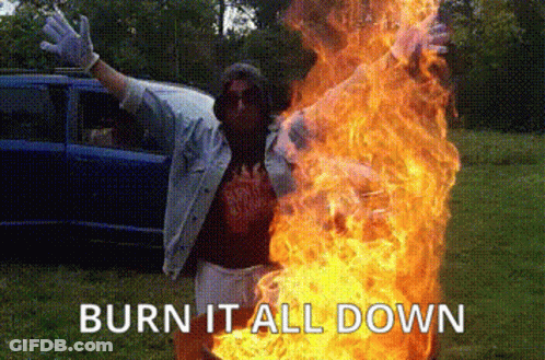 A Man Is Standing In Front Of A Large Fire With The Words `` Burn It All Down '' Below Him . GIF
