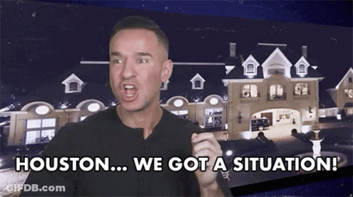 A Man Is Standing In Front Of A Large House And Says Houston We Got A Situation . GIF