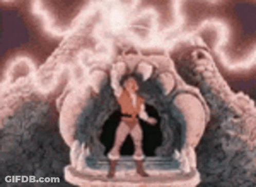 A Man Is Standing In Front Of A Monster With Lightning Coming From Its Mouth . GIF