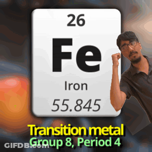 A Man Is Standing In Front Of A Periodic Table Of The Element Iron GIF