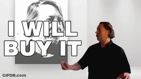 A Man Is Standing In Front Of A Picture That Says I Will Buy It GIF