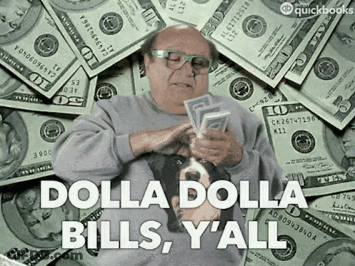 A Man Is Standing In Front Of A Pile Of Money Holding A Dog And Counting Money . GIF