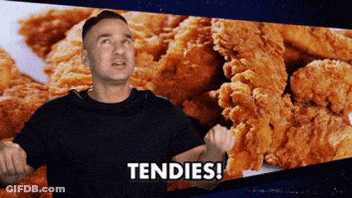 A Man Is Standing In Front Of A Plate Of Fried Chicken With The Word Tendies On The Bottom GIF