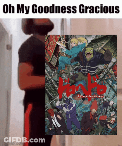 A Man Is Standing In Front Of A Poster That Says Oh My Goodness Gracious GIF