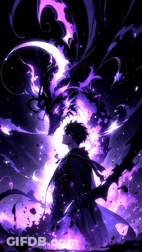 A Man Is Standing In Front Of A Purple Glowing Dragon GIF