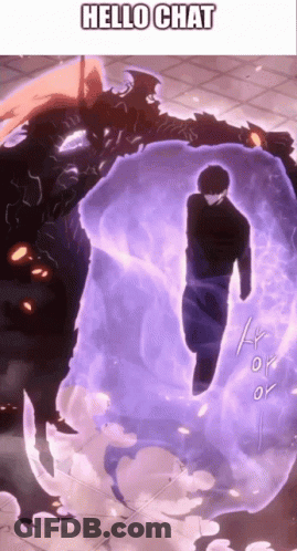 A Man Is Standing In Front Of A Purple Monster That Says Hello Chat On It GIF