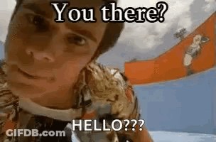 A Man Is Standing In Front Of A Roller Coaster And Saying `` You There ? Hello ? '' GIF
