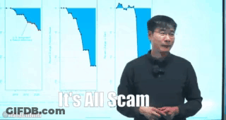 A Man Is Standing In Front Of A Screen That Says " It 'S All Scam " GIF