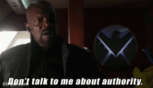 Man Standing In Front Of Shield Logo Saying Don 'T Talk To Me About Authority GIF