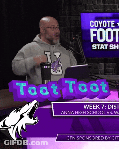 A Man Is Standing In Front Of A Sign That Says Coyote Foot Stat Show GIF