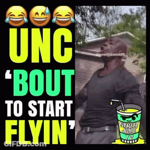 A Man Is Standing In Front Of A Sign That Says " Uc Bout To Start Flyin " GIF