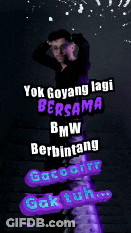 A Man Is Standing In Front Of A Sign That Says " Yok Goyang Lagi Bersama " GIF
