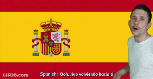 A Man Is Standing In Front Of A Spanish Flag GIF