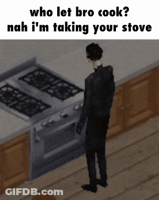 A Man Is Standing In Front Of A Stove With The Words Who Let Bro Cook Nah I 'M Taking Your Stove Below Him GIF