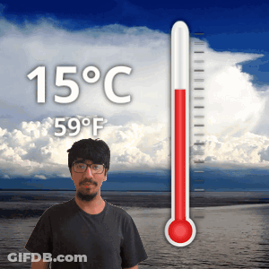 A Man Is Standing In Front Of A Thermometer That Reads 15 Degrees C GIF