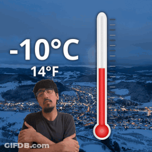 A Man Is Standing In Front Of A Thermometer That Says -10 Degrees Celsius GIF