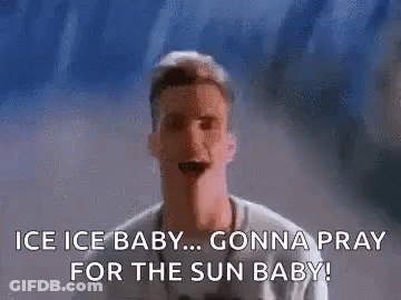 A Man Is Standing In Front Of A Wall And Saying `` Ice Ice Baby ... Gonna Pray For The Sun Baby '' . GIF