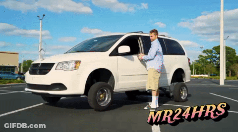 A Man Is Standing In Front Of A White Minivan That Says Mr24hrs On The Bottom GIF