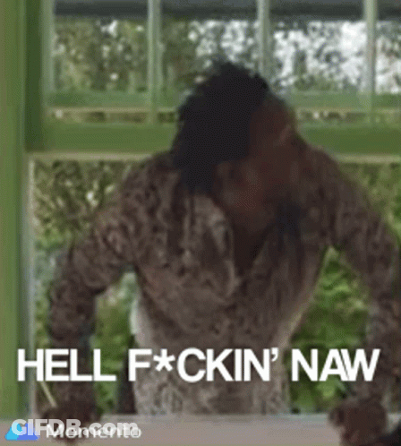 A Man Is Standing In Front Of A Window With The Words Hell Fuckin ' Naw On The Bottom . GIF