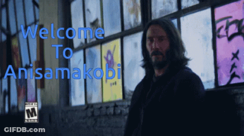 A Man Is Standing In Front Of A Window With The Words Welcome To Anisamakobi On It GIF