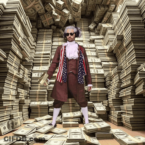 A Man Is Standing In Front Of Stacks Of Money With One Of The Stacks Saying 100 GIF