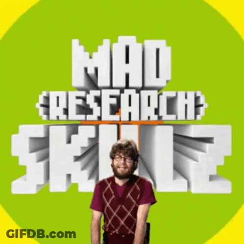 A Man Is Standing In Front Of The Mad Research Skillz Logo GIF