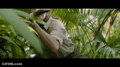 A Man Is Standing In The Jungle Looking Through A Leaf GIF