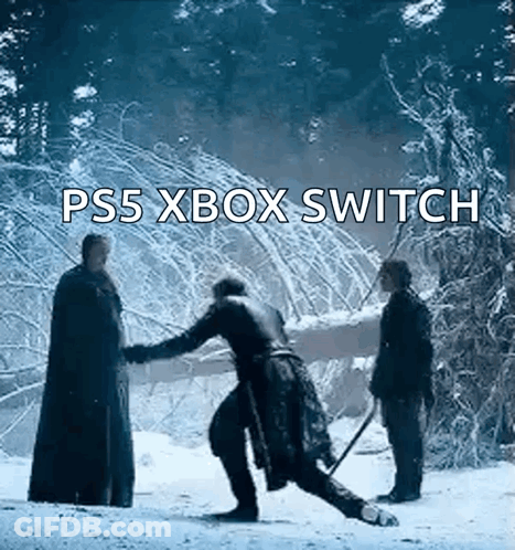 A Man Is Standing In The Snow Holding A Sword While Another Man Stands Behind Him . GIF