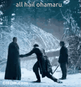 A Man Is Standing In The Snow With A Sword In His Hand And Another Man Is Standing Behind Him . GIF
